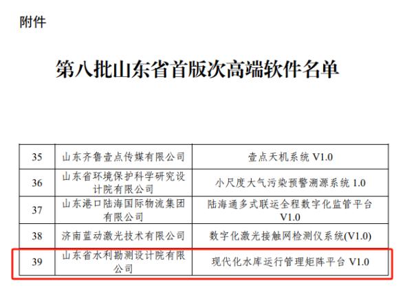 山東水設(shè)現(xiàn)代化水庫運行管理矩陣平臺被認定為首版次高端軟件產(chǎn)品